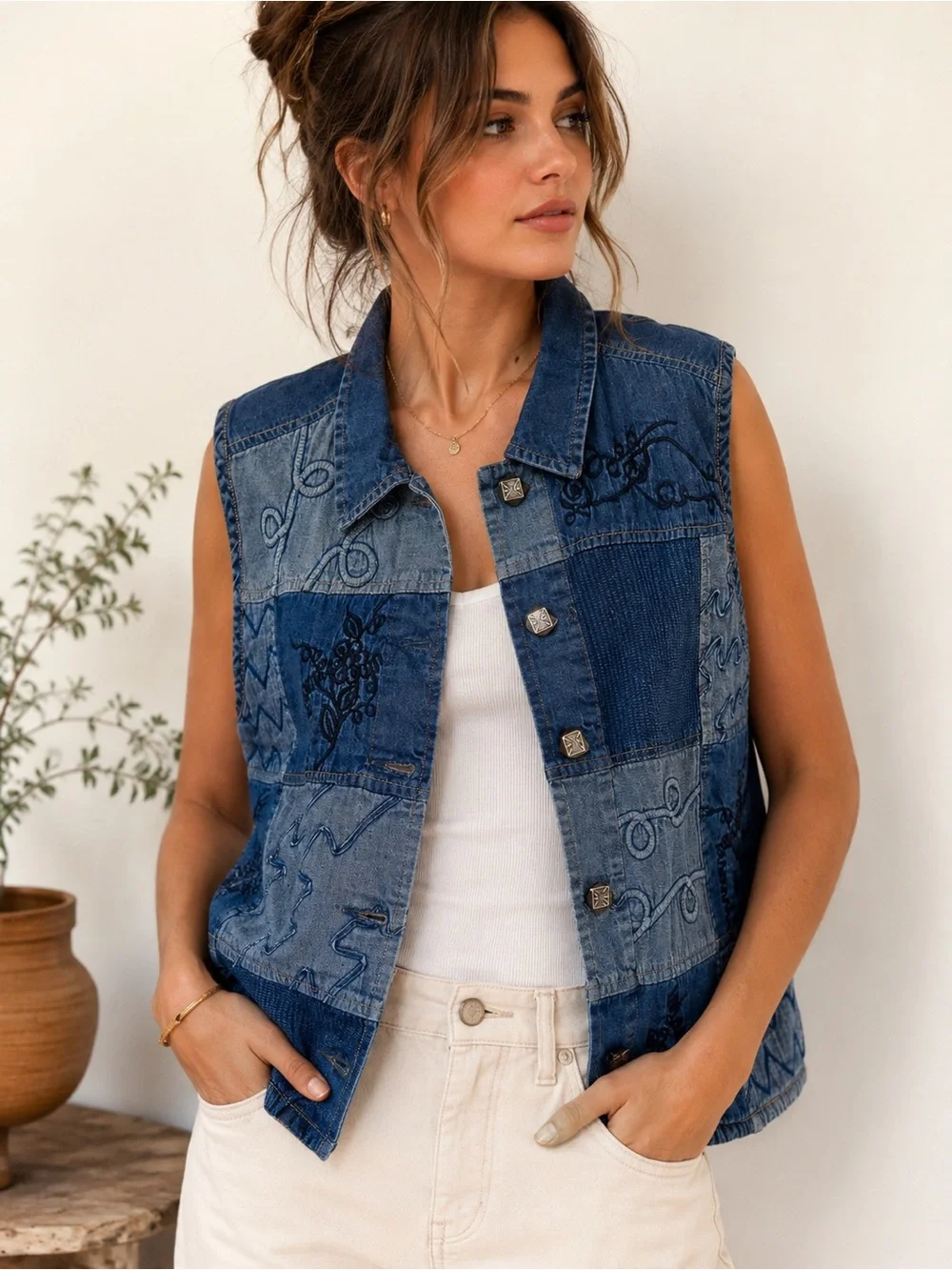Dressbarn Vintage Patchwork Denim Vest Embroidered Boho Cottagecore Summer XL